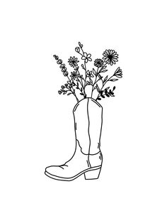 a black and white drawing of a boot with flowers in it