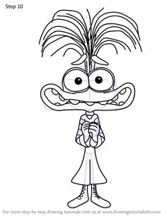 a cartoon character with big eyes and long hair, standing in front of a white background