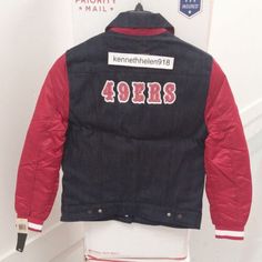 Trendy Fashion LEVIS NFL VARSITY TRUCKER JACKET NAVY49ERS WOMENS SIZE M,L, Fashion Women's Coats Jackets Vests Satin Sleeves, Coat Women Fashion, Trucker Jacket, Women's Coats & Jackets, Vest Jacket, Women's Intimates, Varsity Jacket, Trendy Fashion, Nfl