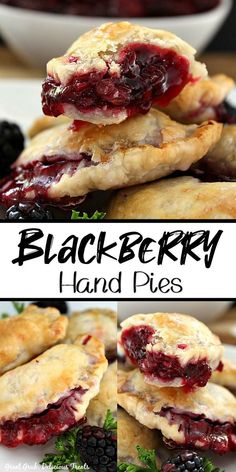 blackberry hand pies are stacked on top of each other with berries in the middle