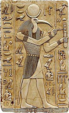 an egyptian relief depicting the god osirit with his arm extended and holding a staff