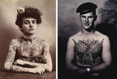 an old photo of a man and woman with tattoos on their chest, both looking different from each other