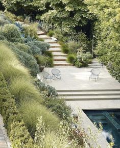 an outdoor garden with steps leading up to the pool and seating area, surrounded by greenery