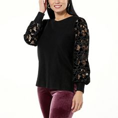 IMAN Global Chic Sweater Knit Top with Velvet Lace Sleeves   Cozy-chic style and elegance come together in this sweater knit top. The velvet lace combo sleeves add a touch of class that you'll love. Chic Sweater, Chic Sweaters, Velvet Lace, The Velvet, Cozy Chic, Fuchsia Color, Touch Of Class, Draped Fabric, Come Together