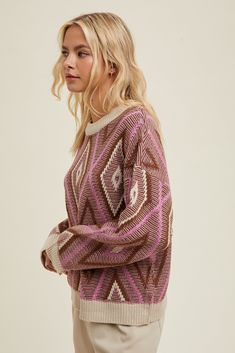 Elevate your wardrobe with our Diamond Print Sweater. This sweater boasts a unique diamond print design for a stylish twist. With its cozy fit, this sweater is the perfect addition to your cold-weather collection. Transform your look with our Diamond Print Sweater now. Product Details: Diamond Print Mauve Pink Tones Mid-Weight 100% Acrylic Casual Geometric Pattern Sweater For Winter, Casual Geometric Pattern Fall Sweater, Casual Geometric Pattern Sweater For Fall, Trendy Long Sleeve Sweater With Argyle Pattern, Trendy Long Sleeve Argyle Sweater, Trendy Crew Neck Fair Isle Sweater, Trendy Crew Neck Sweater With Fair Isle Pattern, Trendy Fair Isle Pattern Crew Neck Sweater, Winter Crew Neck Sweater With Geometric Pattern