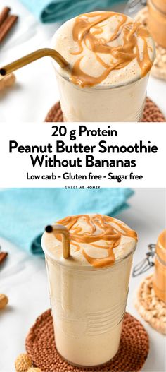 Let's make a creamy Peanut Butter Smoothie without Banana with the thickest texture but less sugar and carbs for a guilt-free summer smoothie. Peanutbutter Smoothie Recipes, Smoothie Without Banana, Peanut Butter Protein Shake, Peanut Butter Shake, Almond Butter Smoothie, Smoothie Flavors, Chocolate Peanut Butter Smoothie, High Protein Smoothies, Low Carb Peanut Butter