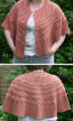 two pictures of a woman wearing an orange knitted shawl