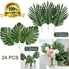 four different types of artificial plants in vases