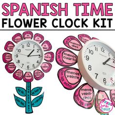 the spanish time flower clock kit is in pink and blue with words on it,