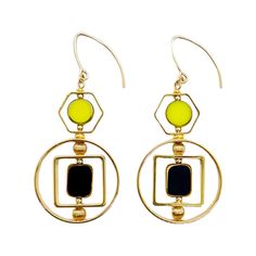 Art Glass & Gold Earrings - These earrings, lightweight and designed to rotate and reposition with movement, are composed of 24k gold-edged, vintage German glass beads that were hand-pressed during the period between the 1920s and 1960s. The metal frames are 24k gold-plated over brass and have been coated for anti-tarnish, while the metal beads and ear wire are gold-filled. Each piece will vary slightly. Artistic Yellow Jewelry With Matching Earrings, Modern Nickel-free Glass Earrings, Evening Gold Jewelry With Glass Material, Contemporary Handmade Brass Earrings, Modern Handmade Earrings For Evening, Modern Handmade Evening Earrings, Gold Earrings With Artistic Design, Gold Fusion Evening Jewelry, Vintage Gold Glass Earrings