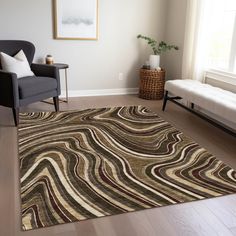 a living room with a chair and rug on the floor