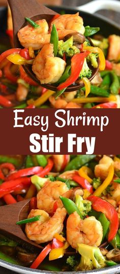 shrimp stir fry with broccoli and peppers in a skillet