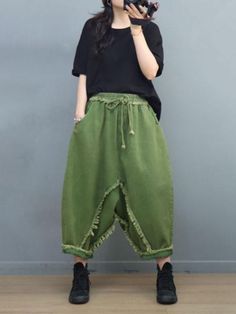 Style: Street Material: Cotton Blend Pattern: Solid Color Length: Ninth Pants/Skirts Decoration: Tassel Closure Type: Drawstring Silhouette: Harem Gender: Female Season: Spring/Fall #dadjeans #fishermanjeans #harempants #fringedjeans Green Drawstring Wide Leg Pants, Green Wide Leg Drawstring Pants, Green Wide Leg Pants With Drawstring, Green Drawstring Pants, Green Loose Wide Leg Cotton Pants, Green Baggy Wide Leg Cotton Pants, Green Drawstring Pants For Fall, Green Drawstring Bottoms For Fall, Bohemian Spring Bottoms With Tapered Leg