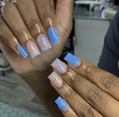 Blue Acrylic Nails Ideas Square, Acrylic Short Christmas Nails, Short Blue Nails Square, Short Blue Square Acrylic Nails, Blue Nails For Birthday, Nails Short Acrylic Blue, Blue Shorties Nails Square, Dope Short Nail Designs Blue, Cute Birthday Nails Coffin Short