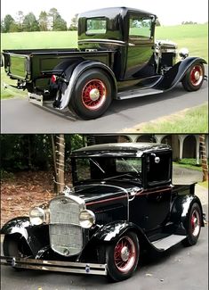 two pictures of an old model truck