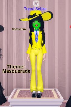 an animated image of a woman in a yellow suit and hat with the words, theme masquerade