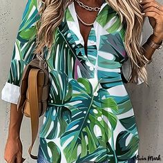 Olivia Mark - Exquisite Plus Size Womens Casual Blouse: Tropical Print Button Up Long Sleeve Turn Down Collar Shirt Top Tropical Photo, Womens Shirt, Button Up Long Sleeve, Collar Shirt, Photo Colour, Casual Blouse, Plus Size Casual, Tropical Print, Olivia Mark