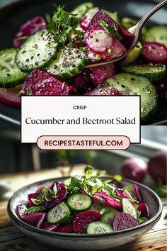 cucumber and beetroot salad in a bowl with a spoon on the side