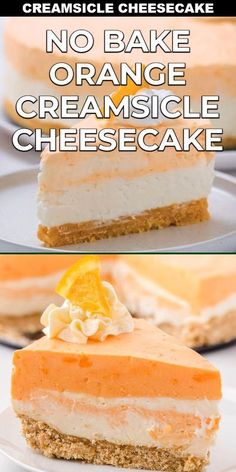 no bake orange creamsice cheesecake on a white plate with text overlay