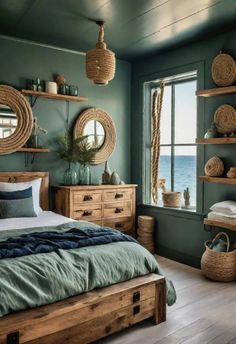 a bedroom with green walls and wooden furniture, along with wicker baskets on the wall