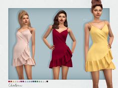 three different colored dresses are shown in this image, one is red and the other is yellow