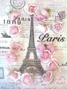 the eiffel tower is surrounded by pink roses