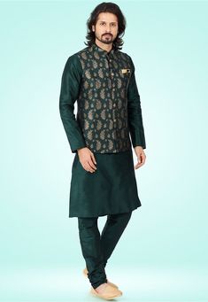 Art Silk Kurta in Dark Green This Readymade attire is Enhanced with Buttons and Pockets. Crafted in Chinese Collar Neck and Full Sleeve Available with an Art Silk Churidar in Dark Green and an Art Silk Jacquard Nehru Jacket in Dark Green Do note: Footwear shown in the image is for presentation purposes only. Half to one inch may vary in measurement. (Slight variation in actual color vs. image is possible) Kids Kurta Pajama, Silk Churidar, Colored Weave, Chinese Collar, Nehru Jacket, Utsav Fashion, Silk Kurta, Beautiful Suit, Kurta Pajama