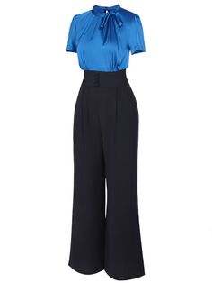 Blue 1930s Solid Lace-up Jumpsuit | Retro Stage Formal High Waist Solid Jumpsuit Or Romper, Formal High Waist Solid Jumpsuit, Blue Summer Pantsuit For Party, Blue Pantsuit For Summer Party, Blue Short Sleeve Jumpsuit For Night Out, Blue Short Sleeve Jumpsuits And Rompers For Night Out, Chic Blue Jumpsuit For Evening, Chic Blue Jumpsuits And Rompers For Evening, High Waist Blue Evening Pants