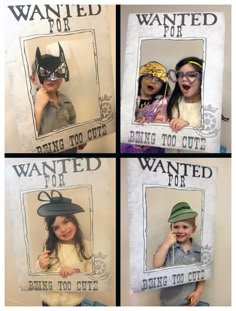 four different pictures of children wearing hats and posing in front of a wanted for poster