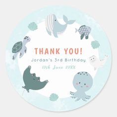 a round sticker with sea animals on it that says, thank you jordan's 3rd birthday