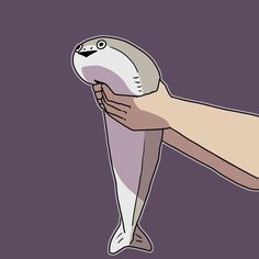 a hand holding a white and gray object in the shape of a fish on a purple background