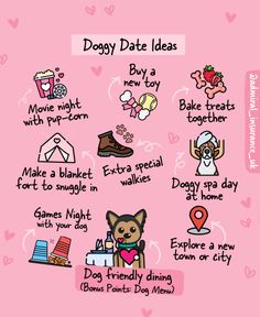 a pink poster with different things to do in the day and night, including dogy date ideas