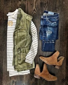 Fall Outfit | green field vest, stripe top, distressed jeans, & booties from @mrscasual on IG Fall Fashion Coats, Clothes And Shoes, Cute Fall Outfits, Beauty And Fashion, Mode Inspiration, Kate Middleton