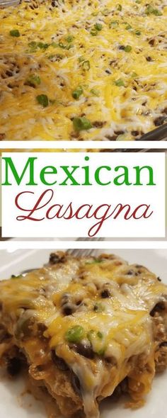 mexican lasagna casserole on a white plate with the title above it