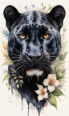 a painting of a black leopard with flowers around its neck