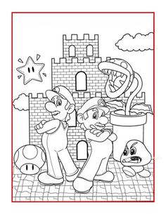 mario and luigi in front of a castle coloring page for the nintendo super mario bros