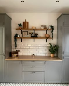 a kitchen with gray cabinets and shelves filled with potted plants