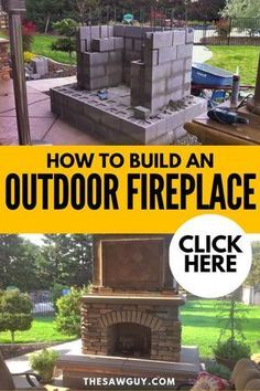 an outdoor fireplace is shown with the words how to build an outdoor fireplace click here