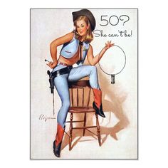 a woman sitting on top of a wooden chair in front of a sign that says, 50? she can't tell