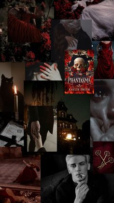 the collage shows many different images in black and red, including a woman with her hand on her face