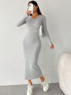 Long Sleeve Maxi Dress Grey Casual,Elegant  Long Sleeve Knitted Fabric Plain  Medium Stretch  Women Clothing, size features are:Bust: ,Length: ,Sleeve Length: Gray Dress Outfit, Textured Fabric Dress, Grey Maxi Dress, Plain Dress, Ankle Length Dress, Crewneck Dress, Slim Fit Dresses, Mid Length Skirts, Long Sleeve Maxi