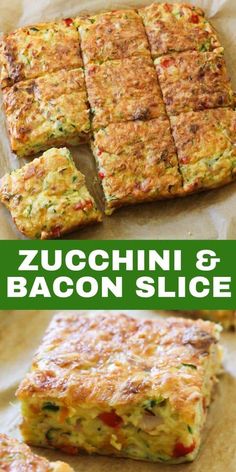 zucchini and bacon slice cut into squares on parchment paper with text overlay