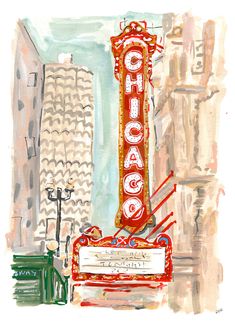 a painting of a theater marquee sign in front of tall buildings with the word chicago on it