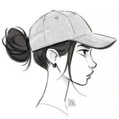 a drawing of a woman with a ponytail in her hair wearing a baseball cap and looking off to the side