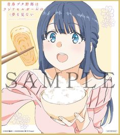 an anime character holding a bowl of rice with chopsticks in front of her