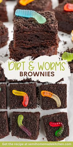 brownies with gummy worms on them and the words dirt & worms brownies