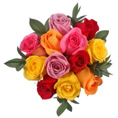 a bouquet of multicolored roses on a white background