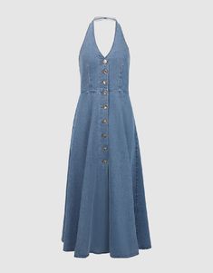 Sleeveless Denim Dress, Denim Fashion, Halter Neck, Denim Dress, Stretch Fabric, Inside Out, Style Inspiration, Fabric, Color