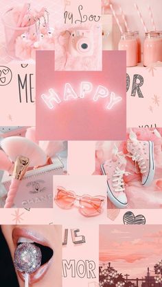 a collage of pink and white items with the words happy written on them