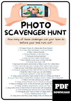 Scavenger Hunt Ideas For Adults, Picture Scavenger Hunts, Team Bonding Activities, Scavenger Hunt Ideas, Scavenger Hunt List, Adult Scavenger Hunt, Scavenger Hunt Printable, Summer Camp Activities, Family Bonding Activities